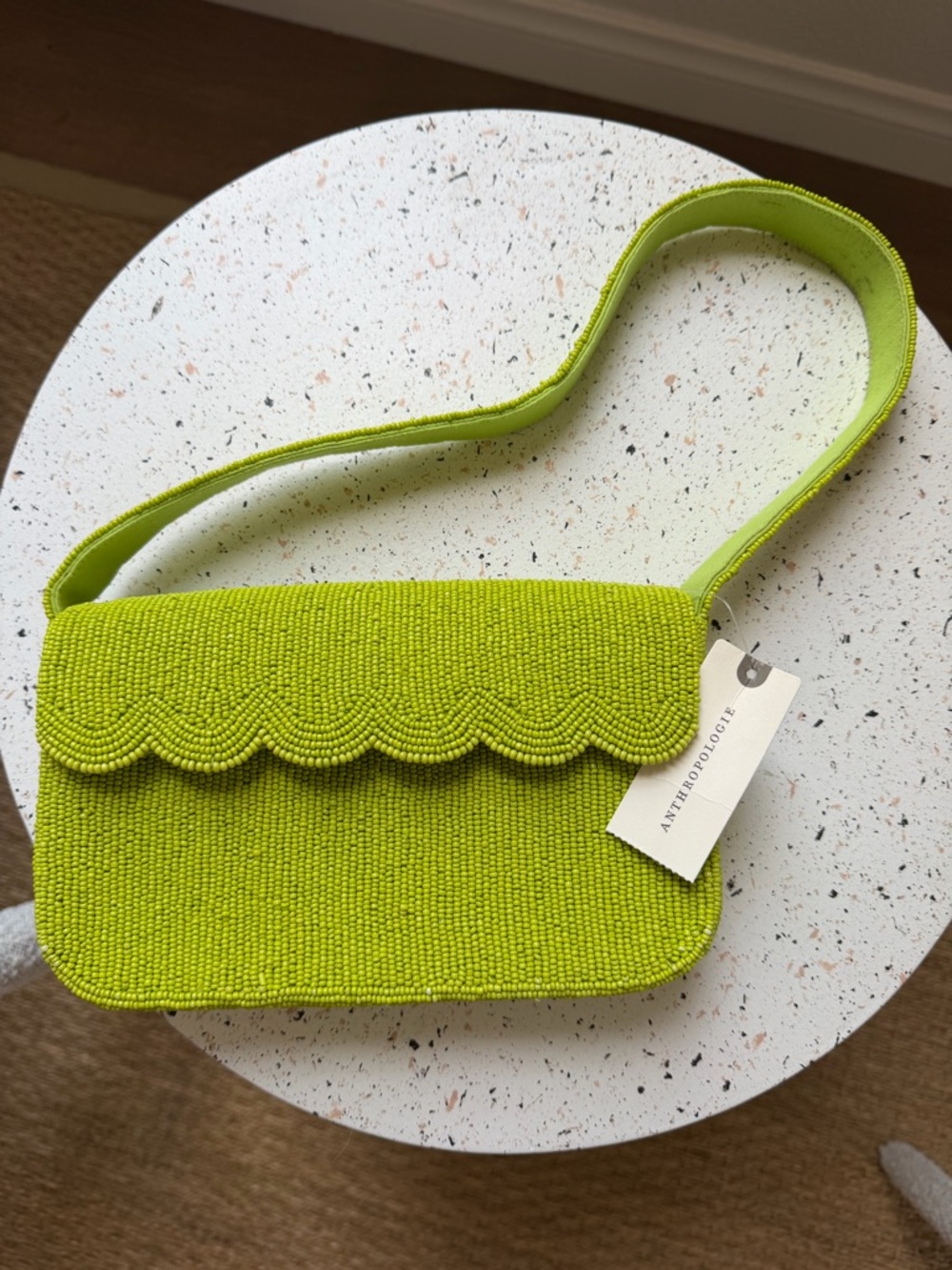 Anthropologie Lime Green Beaded Scallop Flap Shoulder Bag